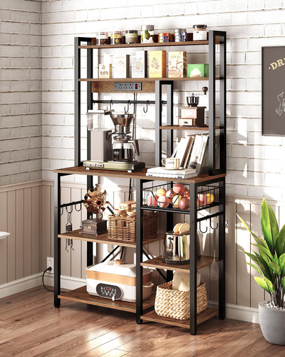 Kitchen Bakers Rack with Power Outlet, Microwave Stand with Multiple Shelves, Floor Standing Bakers Rack, Coffee Bar with Mesh Basket, for Kitchen, Dining Room, Rustic Brown and Black THB01UBF