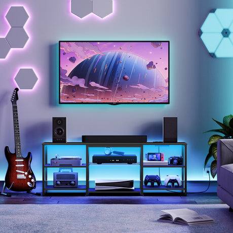 HOOBRO LED TV Stand for 65 Inch TVs with Charging Station, Gaming Entertainment Center with 3-Tier Open Storage, Long Media TV Console Table, TV Stand for Living Room, Bedroom, Black BB20UDDS01 HOOBRO