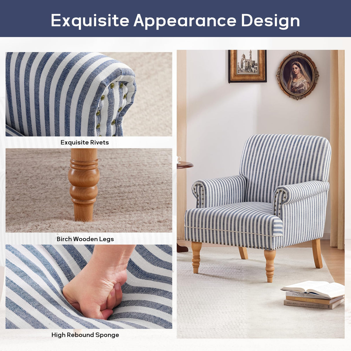 HUIMO Linen Fabric Accent Chairs Set of 2, Mid-Century Modern Armchair with Solid Wood Legs, Single Sofa Chair,Upholstered Reading Club Chair (2, Dark Blue and White Stripe) HUIMO