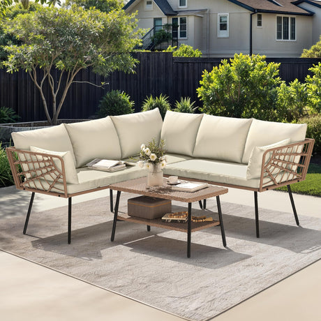 YITAHOME 4PCS Patio Furniture Set L Shape Outdoor Couch with 2-Tier Coffee Table and Thick Cushions Patio Conversation Set Rattan Sectional Sofa Boho Outdoor Furniture Set with 5 Seater for Backyard YITAHOME