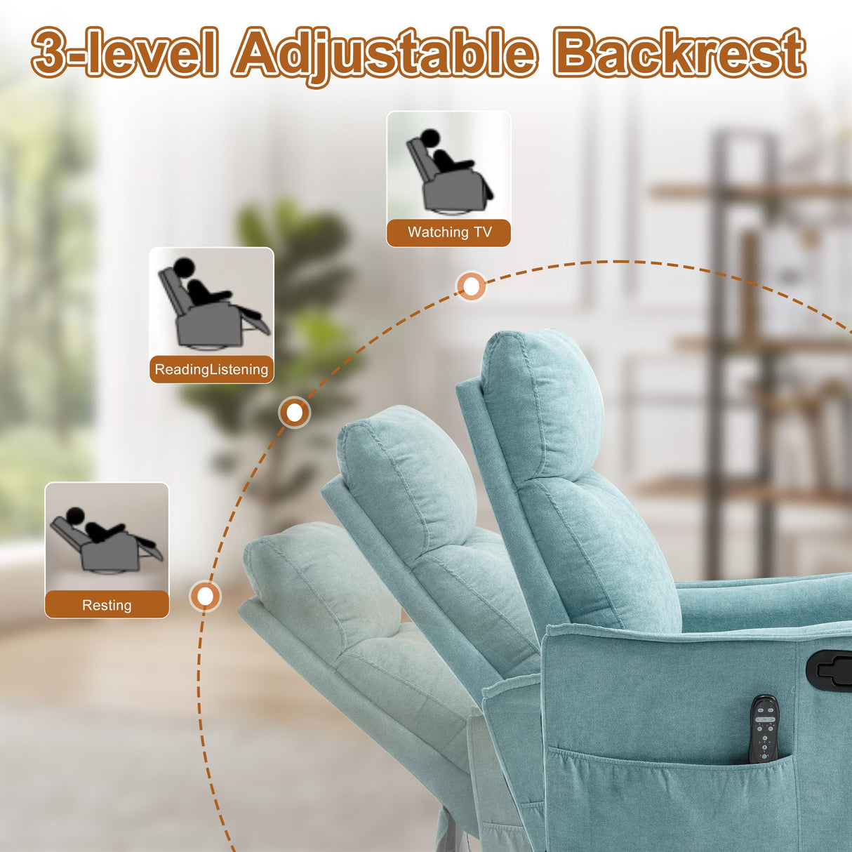 Massage Rocker Swivel Recliner Chair for Adults, Manual Recliner Glider with Lumbar Heating, Technical Flannel Fabric Nursery Glider Rocking Chair with Vibration Massage for Living Room - Green Blue EZZUP