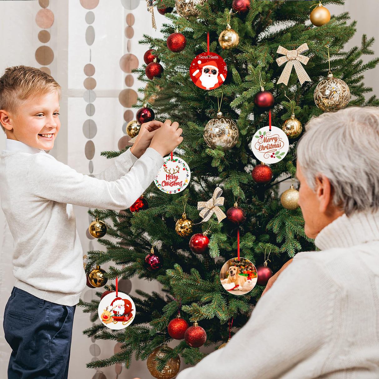 Joyclub 12 PCS 3'' Sublimation Ornament Blanks Ceramic Sublimation Christmas Ornaments Bulk Round White Ornaments for Personalized Xmas Tree Ornament Home Decor DIY Crafts Joyclub