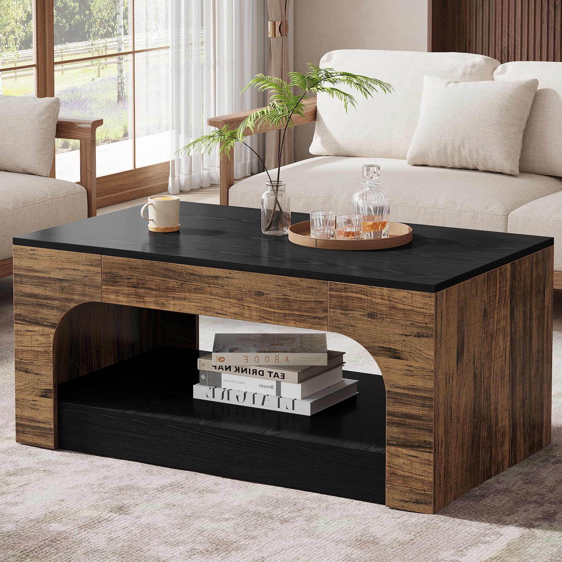 Tribesigns Coffee Table with Storage, 2-Tier Wood Coffee Table Center Table for Living Room, Mid-Century Modern Coffee Table, Rectangle Coffee Table, Minimalist Coffee Table, Rustic Brown and - WoodArtSupply