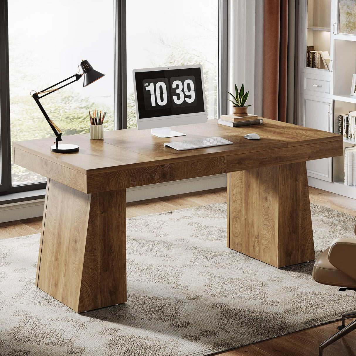 Tribesigns 55 Inches Executive Desk, Mid-Century Modern Home Office Desk, Wood Computer Table Business Workstation Small Conference Table, Light Brown Tribesigns