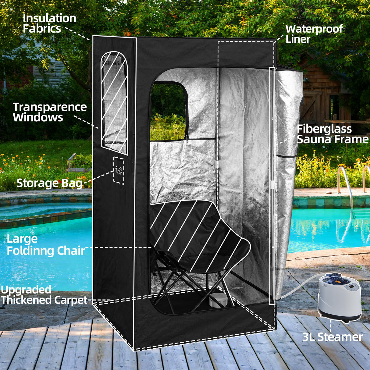 ouluu Large Portable Steam Sauna, 3L Steamer Portable Sauna Box for Home, Personal Sauna with Big Sauna Chair, Remote Control, 3.2’ x 3.2’ x 6.0’, Black, 1200W ouluu