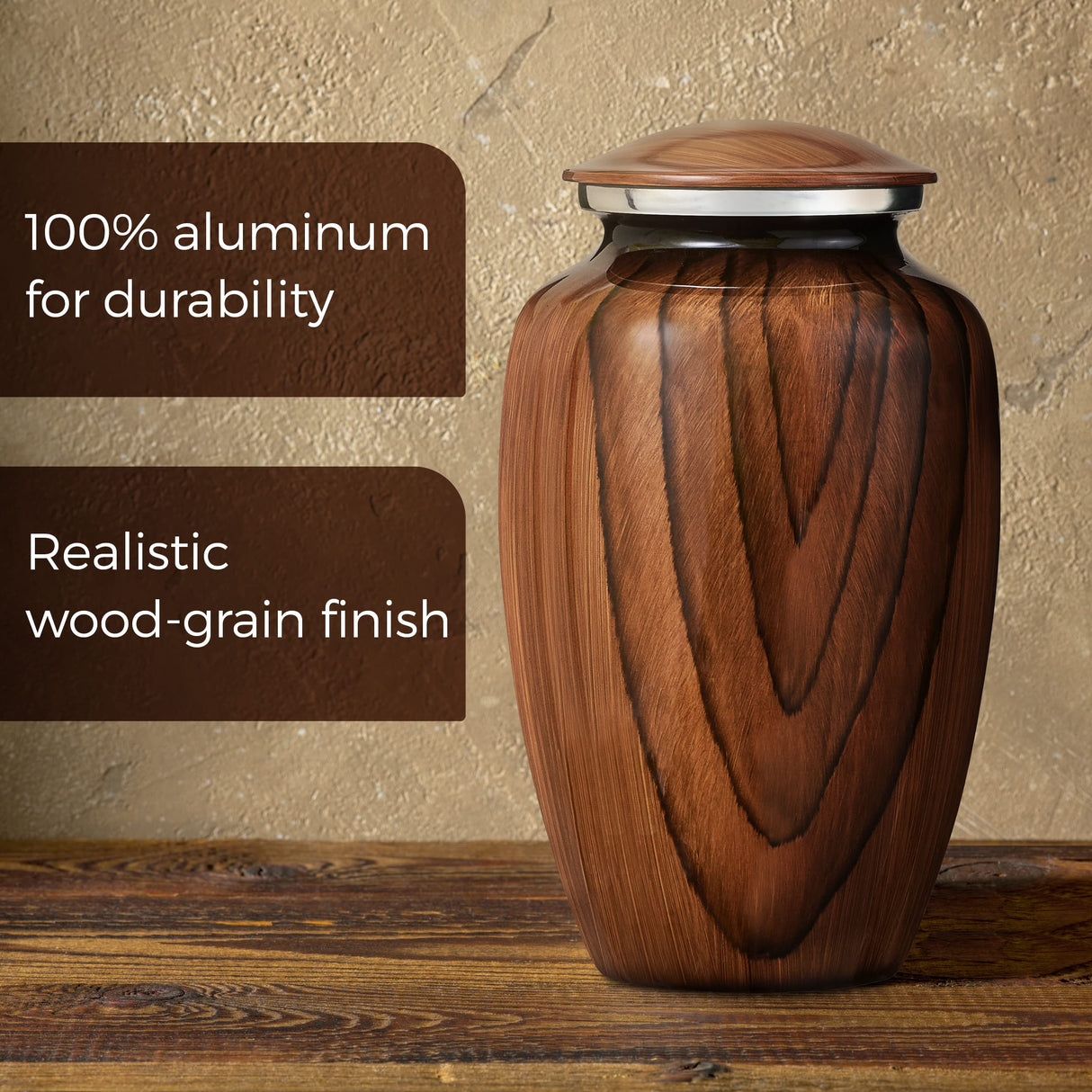 Aubree Woodgrain Aluminum Urns for Adult Male. Cremation urns for Human Ashes Adult Female. Decorative Wood urns for Human Ashes by Restaall RESTAALL