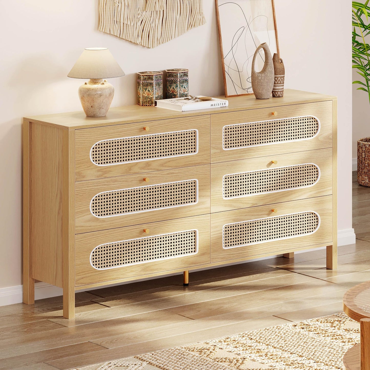 DWVO Natural Rattan 6 Drawer Dressers - Oak Wooden Dresser Chest of Drawers with Golden Handles - Modern Large Closet Boho Dressers Storage Cabinet for Living Room/Hallway/Entryway - WoodArtSupply