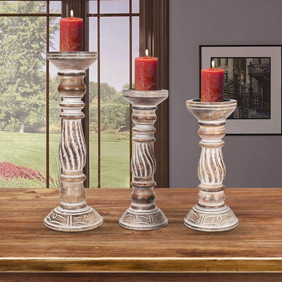 Wooden Candle Holders Set of 3, (Colour - Natural Finish, Size -14",12",10") Wood Candal Holder, Wooden Candle Holder, Unity Candle Holders, Rounded Turned Colums, Country Style Idle Gift for Wedding