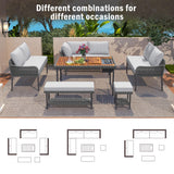 Merax 6 Piece Rope Patio Furniture L-Shaped Set, Outdoor Sectional Sofa Set with Acacia Wood Table with Ice Box, Rope Benches, Rope Conversation Set with Deep Seating & Thick Cushion for Couch,Grey Merax