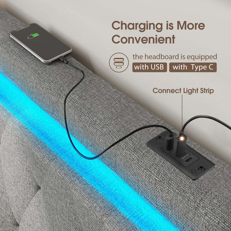 GREENSTELL Queen Size Adjustable LED Headboard with USB & Type C Ports - Gray Wall-Mounted Design GREENSTELL
