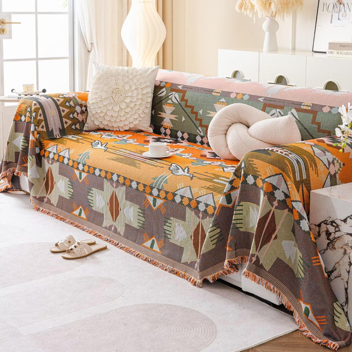 VClife Boho Sofa Covers, Sectional Couch Covers Breathable Cotton Linen Sofa Slipcover Washable Green Orange Geometry Sofa Couch Covers for L Shape Sofa - Farmhouse Sofa Covers with Tassel 71"x118" VClife