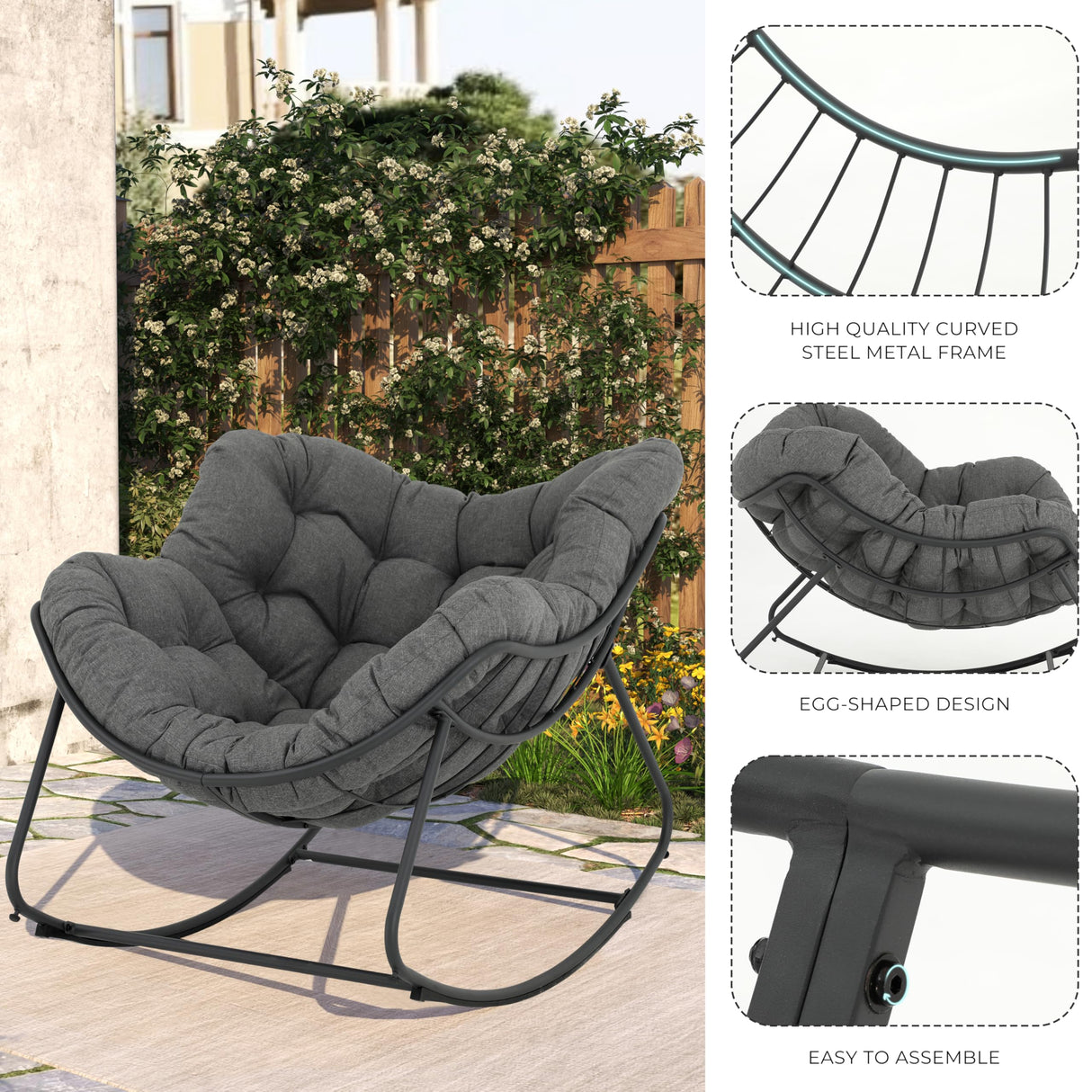 GREEN MORE Patio Rocking Chair Oversized Indoor & Outdoor, Egg Rocking Chair Lounge with Padded Cushion and Metal Frame for Front Porch Patio Backyard GREEN MORE