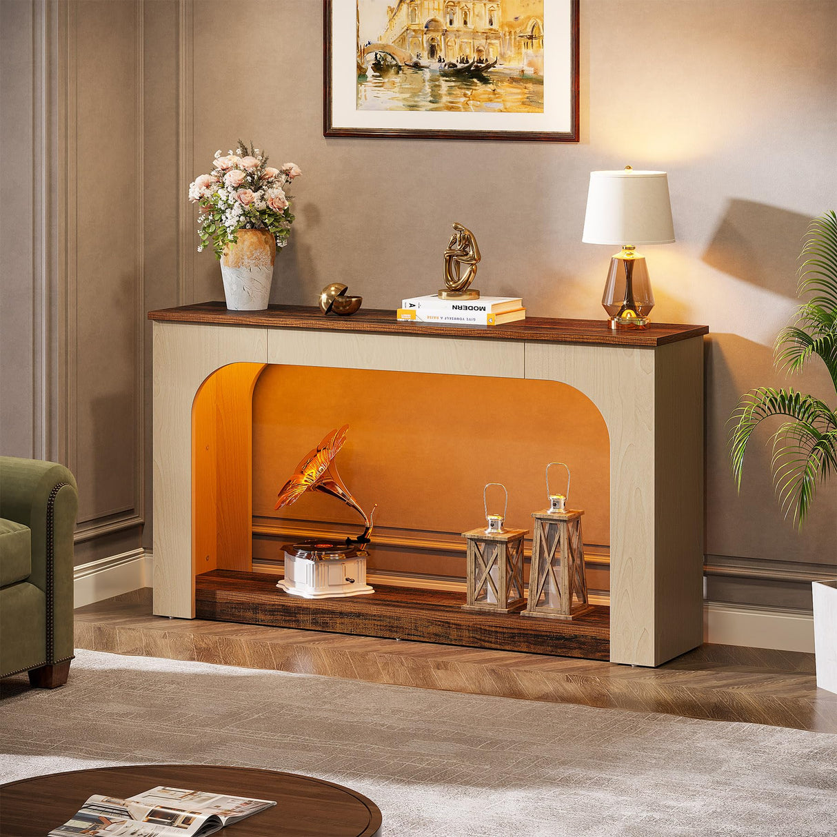 Tribesigns 55-Inch Console Table with LED Lights, Farmhouse 2-Tier Narrow Sofa Table with Storage, Wood Foyer Entryway Behind Couch Table for Living Room, Hallway, Entrance, Rustic Brown & Light Oak Tribesigns