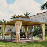 MELLCOM 12x14FT Hardtop Gazebo,Wooden Finish Coated Aluminum Patio Gazebo with Aluminum Composite Double Roof for Patio Lawn and Garden, Curtains and Netting Included MELLCOM