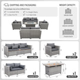 WAROOM Patio Furniture Set 5 Piece Grey Wicker Outdoor Furniture with Fire Pit Table, Patio Sectional Sofa Couch Sets Backyard Deep Seating PE Rattan Chairs, Grey Cushion WAROOM