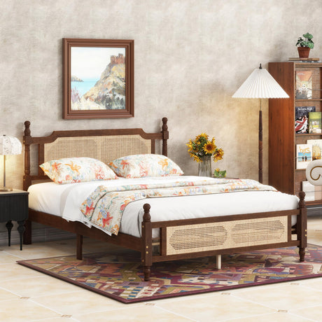 DNChuan Queen Size Platform Bed with Retro Style Rattan Headboard and Footboard,4-Post Wood Bed Frame with Central Enhanced,No Box Spring Needed, Walnut DNChuan