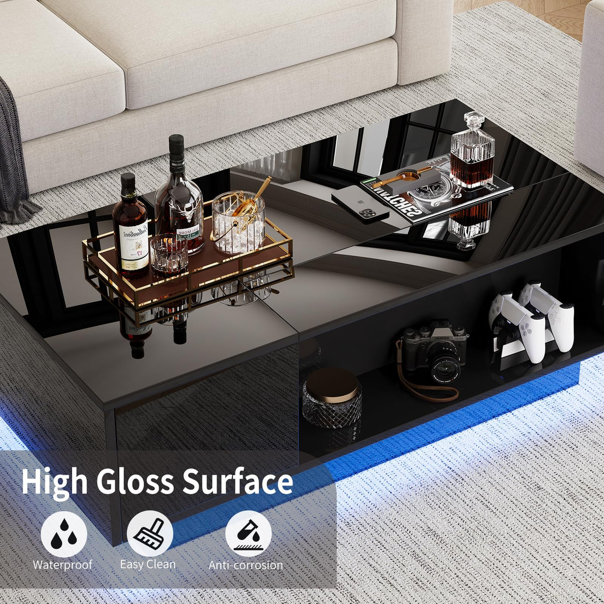 Buenhomino 47" Modern LED Coffee Table with Lift Top, All Black Coffee Table with Storage High Gloss Surface, Hidden Storage with Drawer, Open Shelves, and Built-in Power Outlet for Living Room Buenhomino