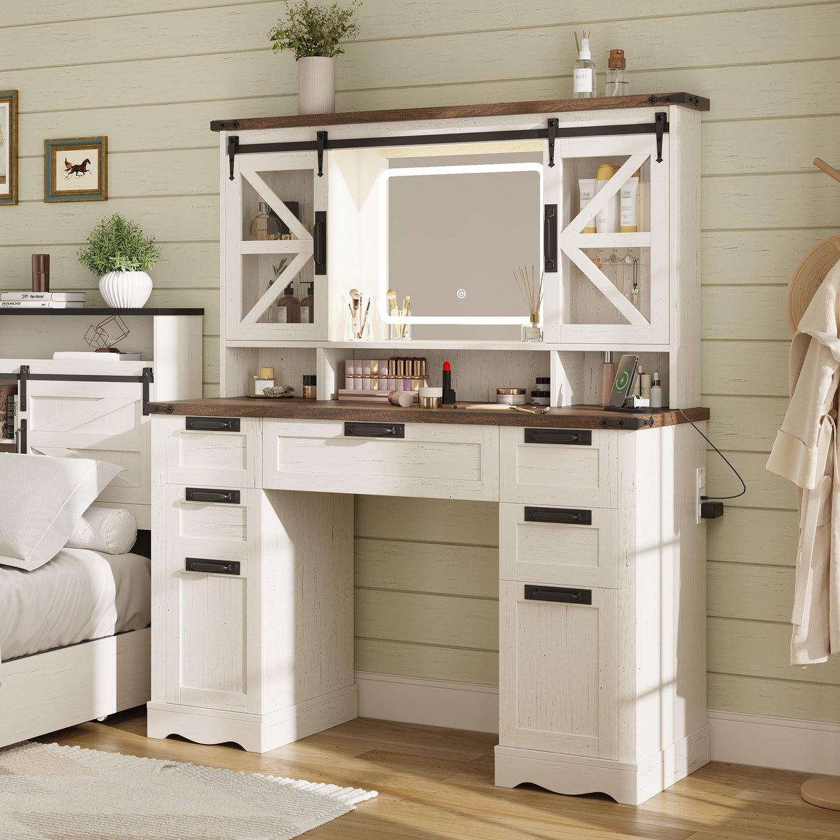 Vabches Farmhouse Makeup Vanity with Sliding Cabinets, White Vanity Desk with Lights Mirror and Power Outlet, Rustic Dressing Table with 4 Drawers&2 Storage Cabinets for Bedroom Vabches