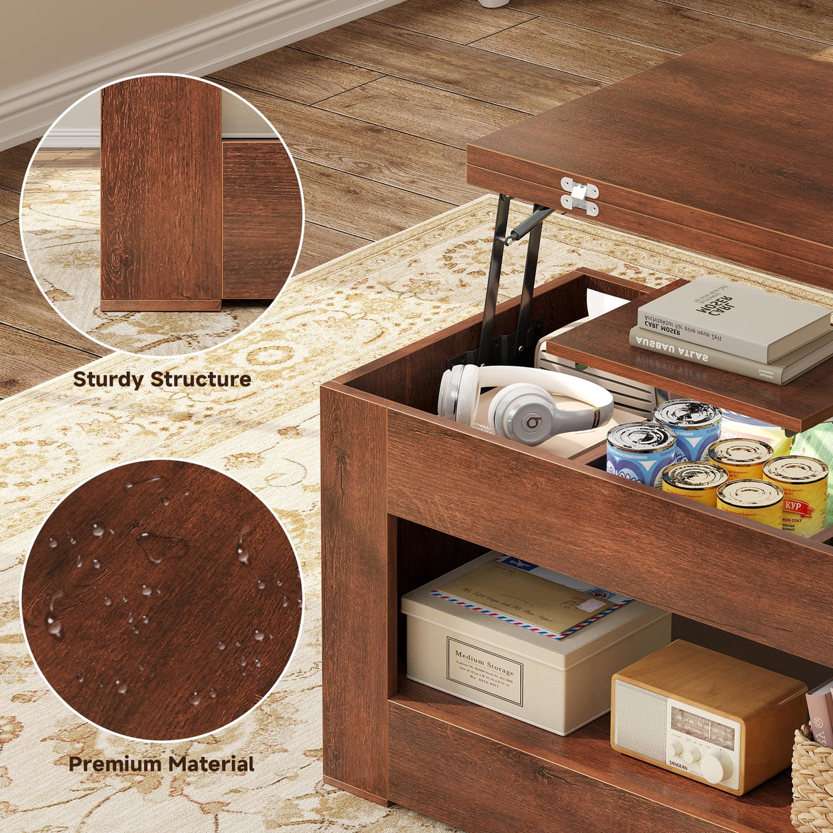 UNIQUITE 40" Lift Top Coffee Table, 4 in 1 Multi-Function Lift Coffee Table with Storage and Hidden Compartment, Convertible Coffee Tables to Dining Table for Living Room, Walnut UNIQUITE