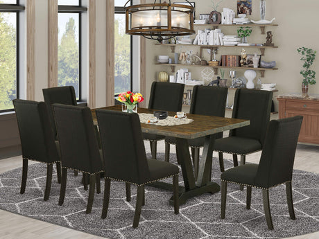 East West Furniture V-Style 9 Piece Kitchen Set Includes a Rectangle Table with V-Legs and 8 Black Linen Fabric Parsons Dining Chairs, 40x72 Inch, V677FL624-9 East West Furniture