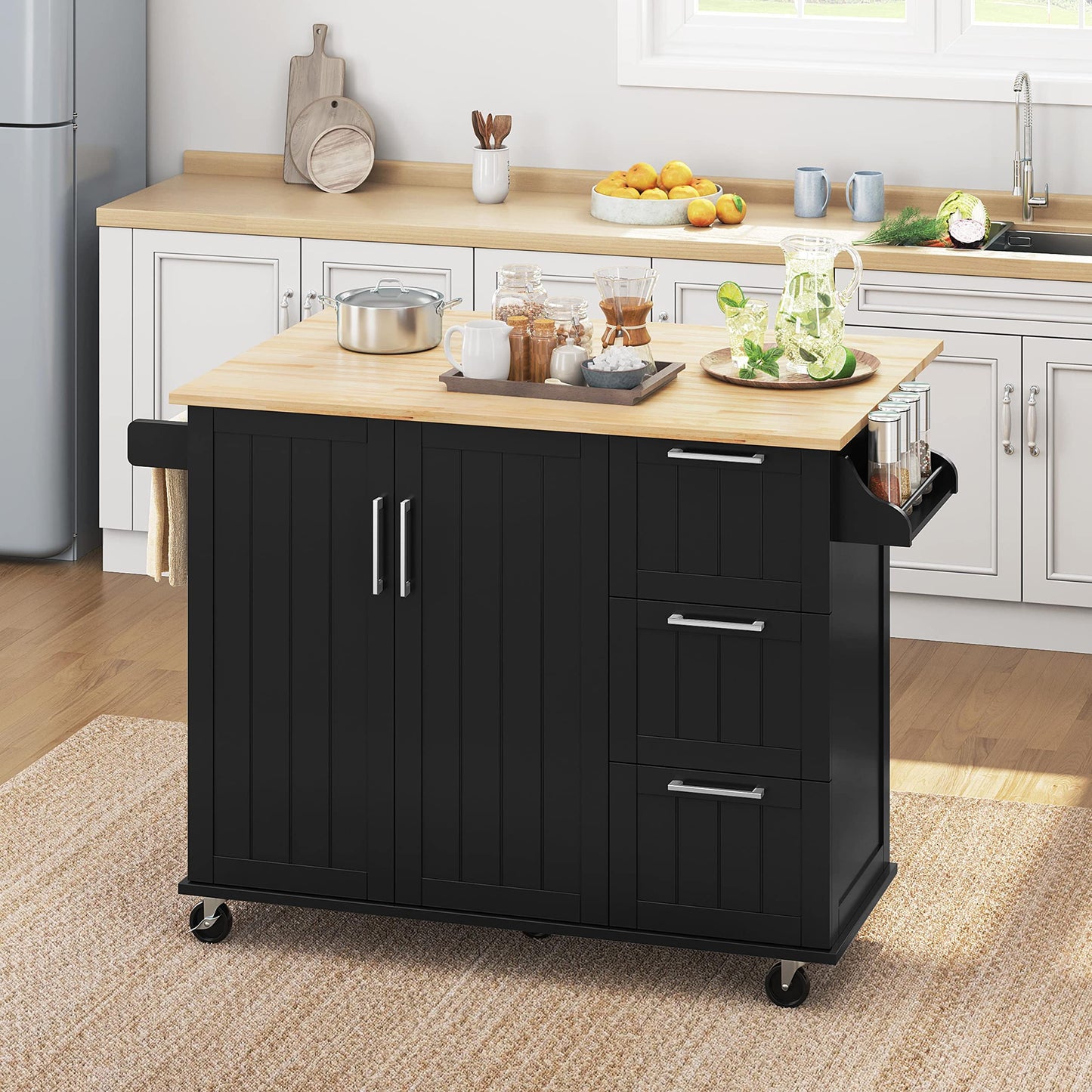 Yaheetech Black Kitchen Island Cart with Drop-Leaf Countertop, Storage Cabinet, and 3 Drawers on Wheels - WoodArtSupply