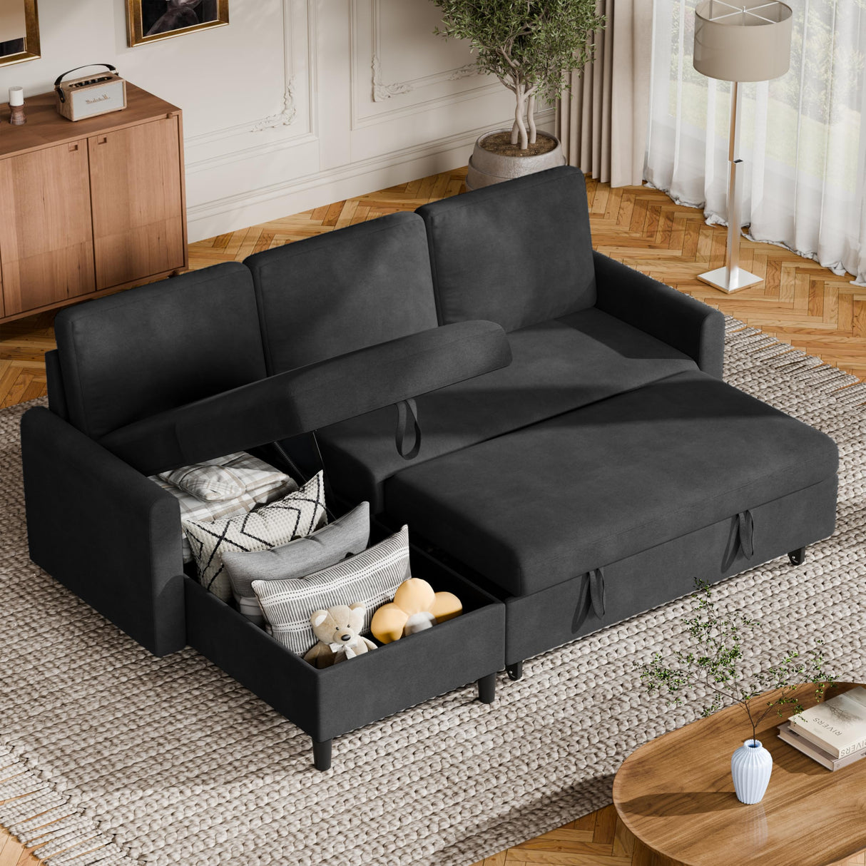 Vongrasig Pull Out Couch, Convertible Sleeper Sofa Bed with Storage, L-Shaped Sofa Bed with Storage Chaise Linen Fabric for Living Room, Apartment, Small Space, Black Vongrasig