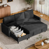 Vongrasig Pull Out Couch, Convertible Sleeper Sofa Bed with Storage, L-Shaped Sofa Bed with Storage Chaise Linen Fabric for Living Room, Apartment, Small Space, Black Vongrasig
