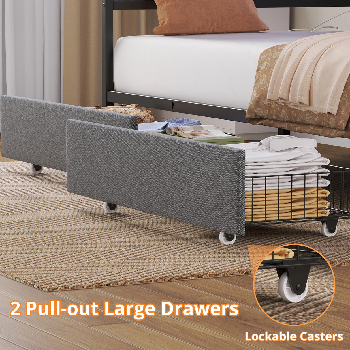 ANCTOR Twin Daybed with 2 Storage Drawers, Corner Bed Frame with LED and Charging Station, Metal Platform Daybed Frame for Living Room, Bedroom and Guest Room, Gray ANCTOR