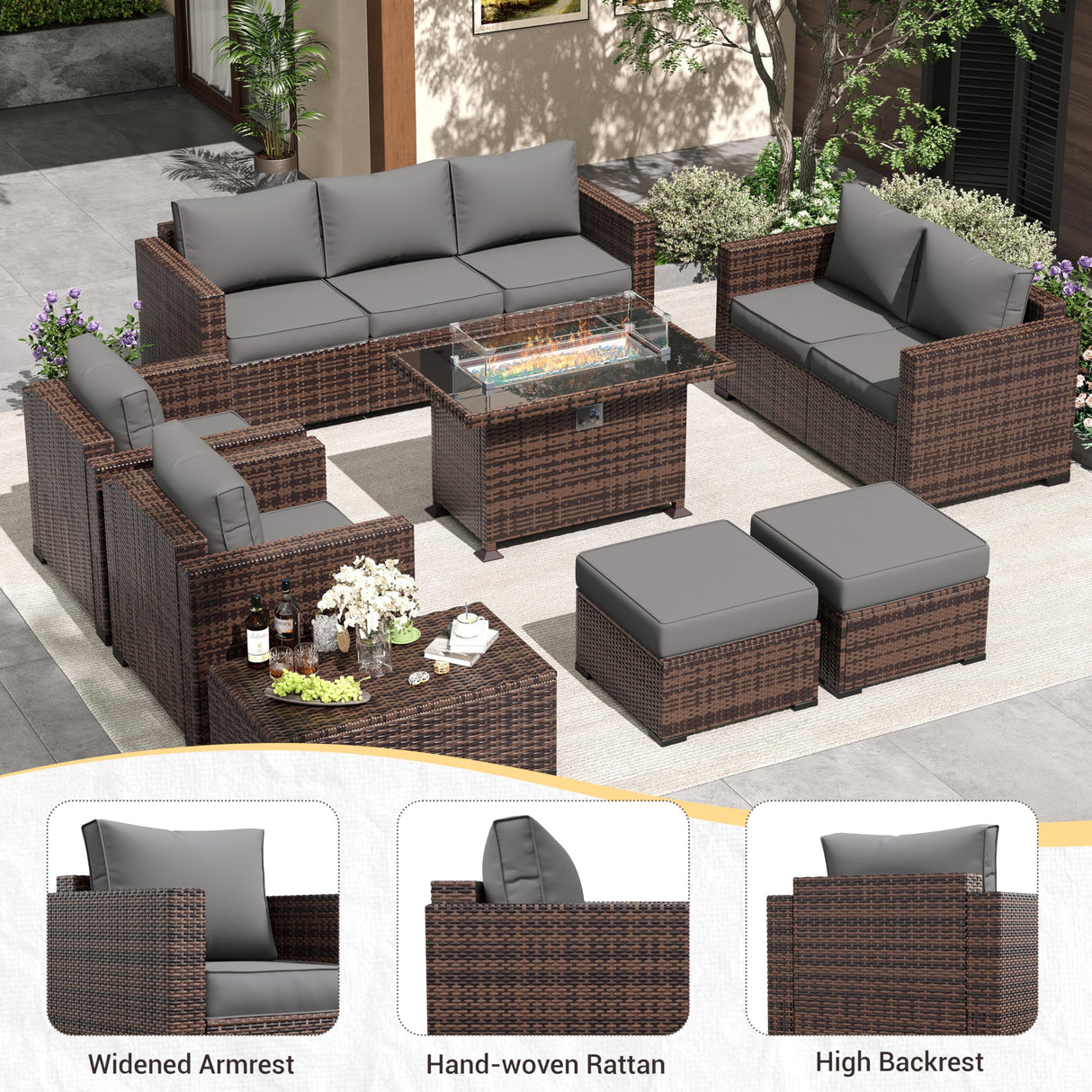 Amopatio Outdoor Patio Furniture Sets, 8 Pieces Wicker Patio Furniture, Outdoor Sectional Patio Couch Set with Ottoman, Outdoor Conversation Set with 44" Gas Fire Pit for Outside (Grey) Amopatio