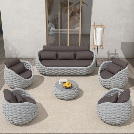 6-Piece Aluminum Patio Furniture Set, Modern Outdoor Conversation Set Sectional Sofa with Water Repellent Thick Cushions and Coffee Table for Balcony, Garden TWT