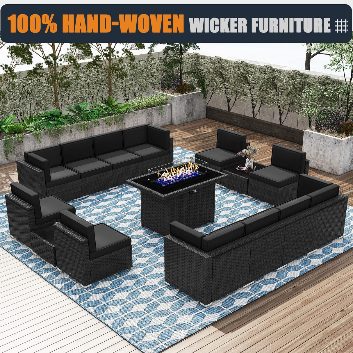 KHOLH 15 Pieces Patio Furniture Conversation Sofa Set with 44" Propane Gas Fire Pit Table, Outdoor Sectional Black Rattan Wicker Sofa Set KHOLH