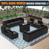 KHOLH 15 Pieces Patio Furniture Conversation Sofa Set with 44" Propane Gas Fire Pit Table, Outdoor Sectional Black Rattan Wicker Sofa Set KHOLH