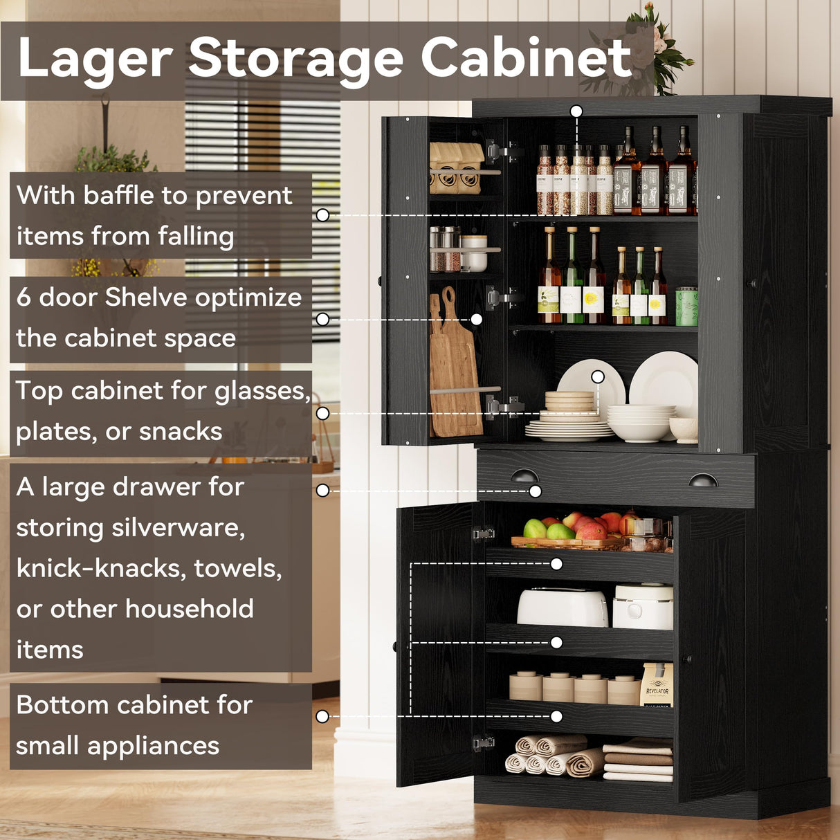 IRONCK Kitchen Pantry Cabinet 72" Height, Freestanding Cupboard with Drawer, Sliding Storage Rack, and 6 Hanging Shelves for Dining Room, Laundry, Living Room, Black IRONCK