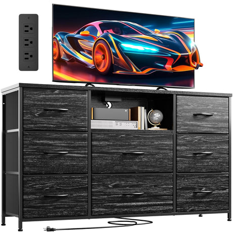 EnHomee Black Dresser for Bedroom with Charging Station, 8 Drawers Dressers & 55 inch TV Stand for Bedroom, Fabric Chest of Drawers with Open Shelves, Sturdy Dresser for Closet Living Room, Hallway EnHomee
