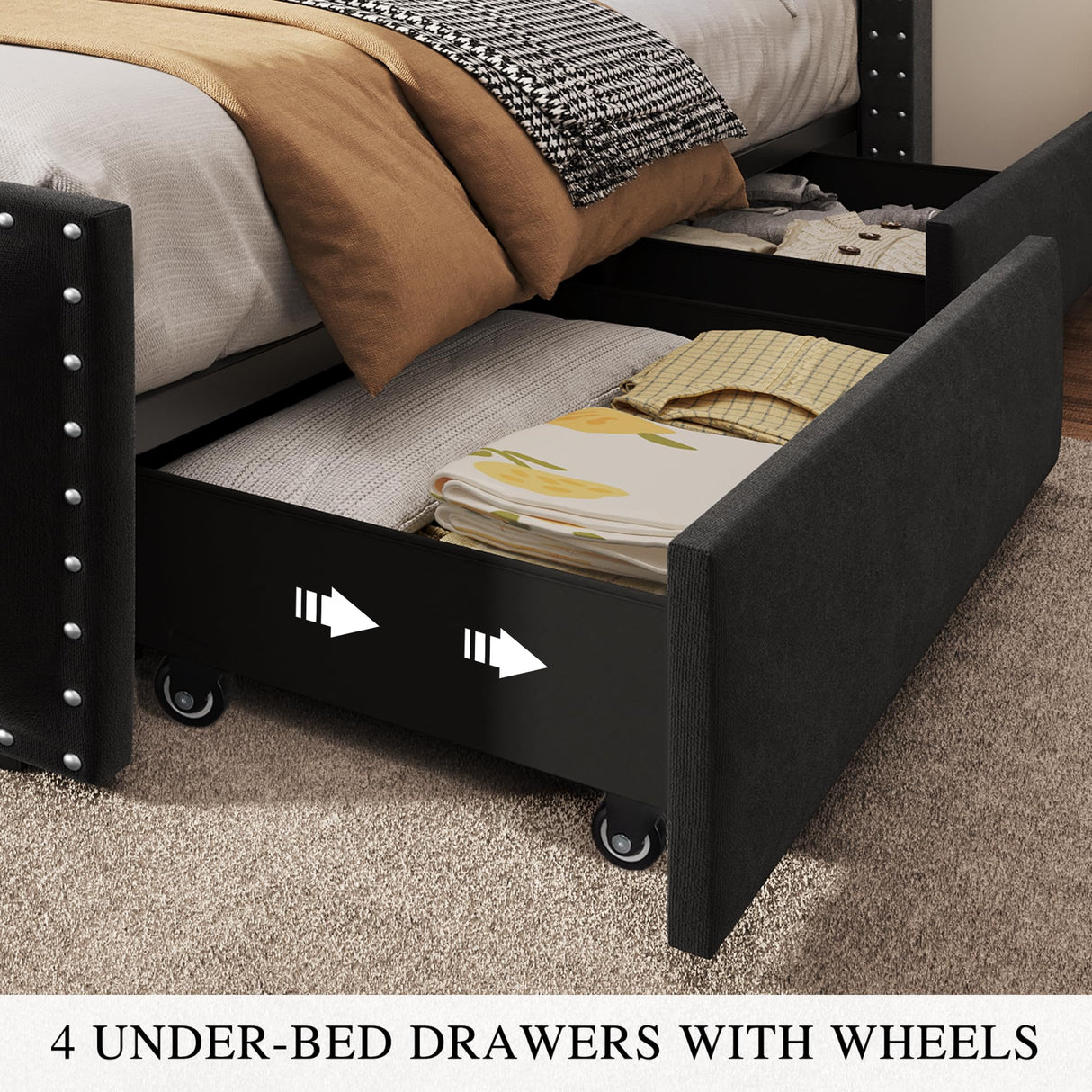 DWVO King Size Bed Frame with 4 Storage Drawers and RGB LED Lights, Velvet Upholstered Platform Bed with Charging Station and Bookcase Storage Headboard, No Box Spring Needed, Easy Assembly, Black DWVO