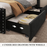 DWVO King Size Bed Frame with 4 Storage Drawers and RGB LED Lights, Velvet Upholstered Platform Bed with Charging Station and Bookcase Storage Headboard, No Box Spring Needed, Easy Assembly, Black DWVO