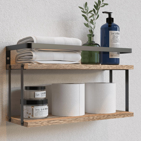RICHER HOUSE Dual-Level Guardrail Floating Shelves, Rustic Wood Shelf Wall Mounted, Over Toilet Paper Storage Shelf for Bathroom Wall Decor, Bathroom Organizers and Kitchen Storage - Rustic Wood RICHER HOUSE