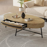 Oval Coffee Table with Drawer, Farmhouse Wooden Center Table 47.2" with Storage, Cross Metal Legs, Unique Curved Design, Center Tables for Living Room, Walnut Finish, Modern Rustic Accent Tea Table IDEALHOUSE