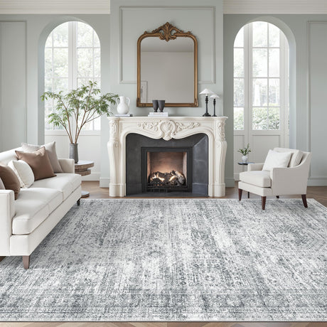 Soalmost Washable Area Rug 8x10, Large Soft Rugs for Living Room Farmhouse Vintage Gray Area Rugs for Bedroom Dining Room Non-Slip Stain Resistant Under Table Rug Grey Soalmost