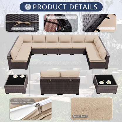 ASJMR Outdoor Patio Furniture Set, 14 Pieces Outdoor Sectional Furniture Patio Sofa, All-Weather PE Rattan Patio Conversation Set with Tempered Glass Top Table & Cushions(Brown).