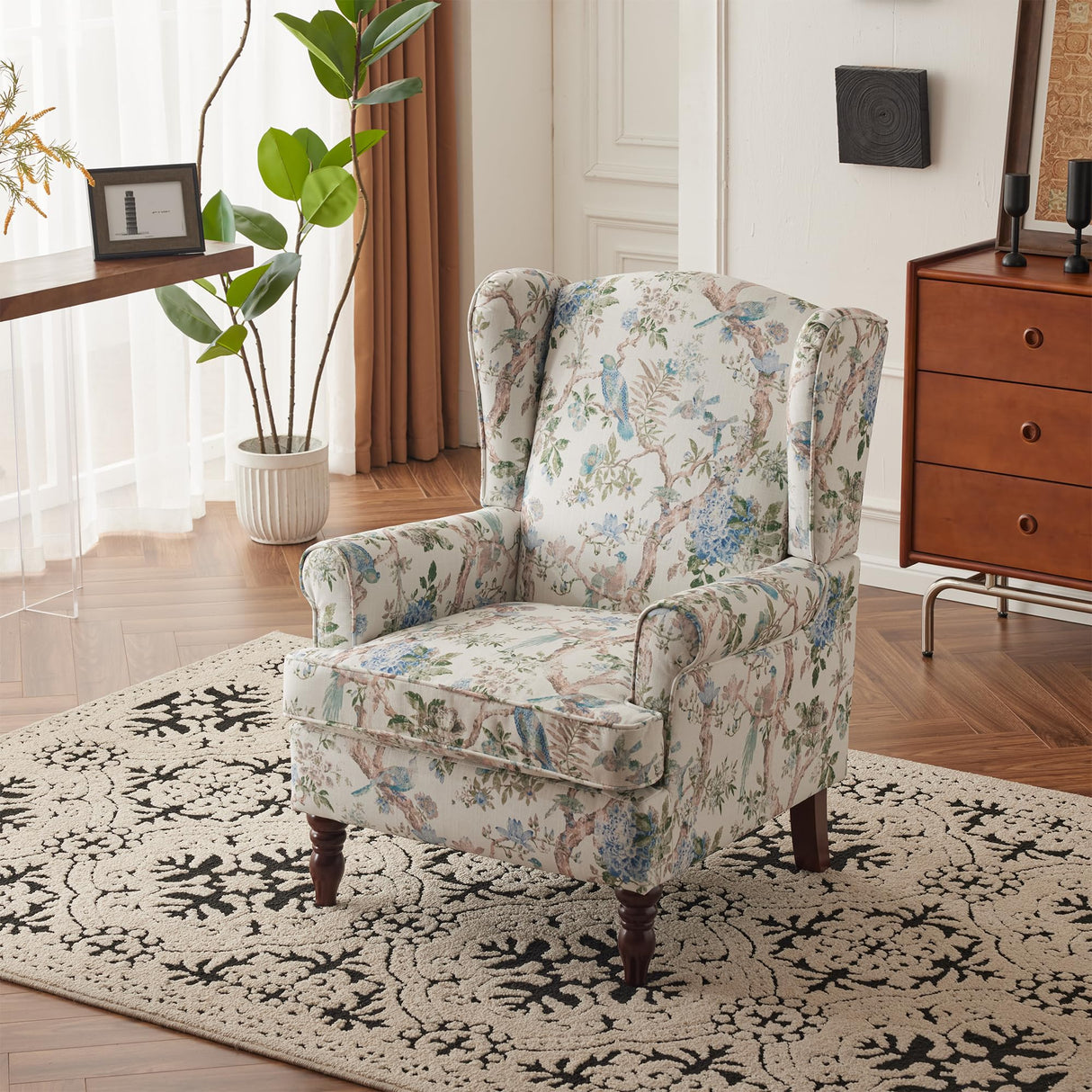 MELLCOM Floral Accent Chair, High Back Upholstered Armchair with Solid Legs, Leisure Single Sofa Chair for Living Room, Bedroom, Home Office, Light Blue Floral&Bird MELLCOM