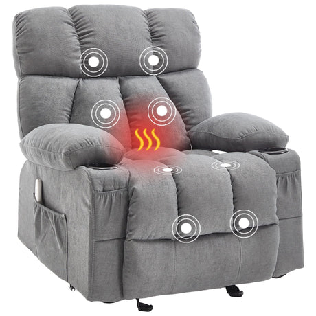 Massage Rocker Recliner Chair with Heat and Vibration Ergonomic Rocking Lounge Chair for Living Room Comfy Overstuffed Recliner with 4 Side Pockets,2 Cup Holders, USB Charge Port, Grey jonpony