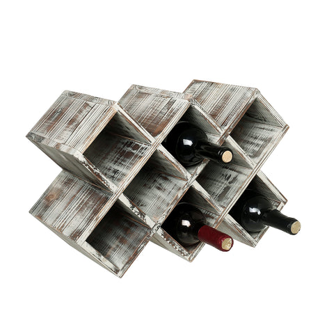 MyGift Rustic Torched Solid Wood Tabletop Wine Bottle Holder Rack with Geometric Cross Hatch Design, Vertical or Horizontal Display, Holds up to 8 Bottles MyGift