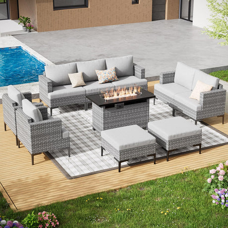 JULY'S SONG Outdoor Patio Furniture Set with Firepit Table,10 Pieces 9 Seats Modern Elegant Large Outside Sectional, All Weather Wicker Conversation Set for Garden Backyard JULY'S SONG