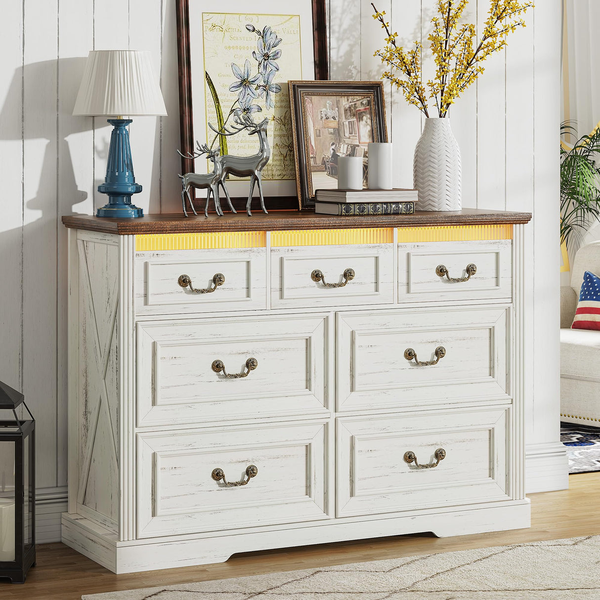 Farmhouse 7 Drawers Dresser for Bedroom, Large Chest of Drawers with Hidden Storage, Tall Dresser with LED Lights, Wood Dressers Organizer for Living Room, Closet, Hallway, Antique White TAGELIER