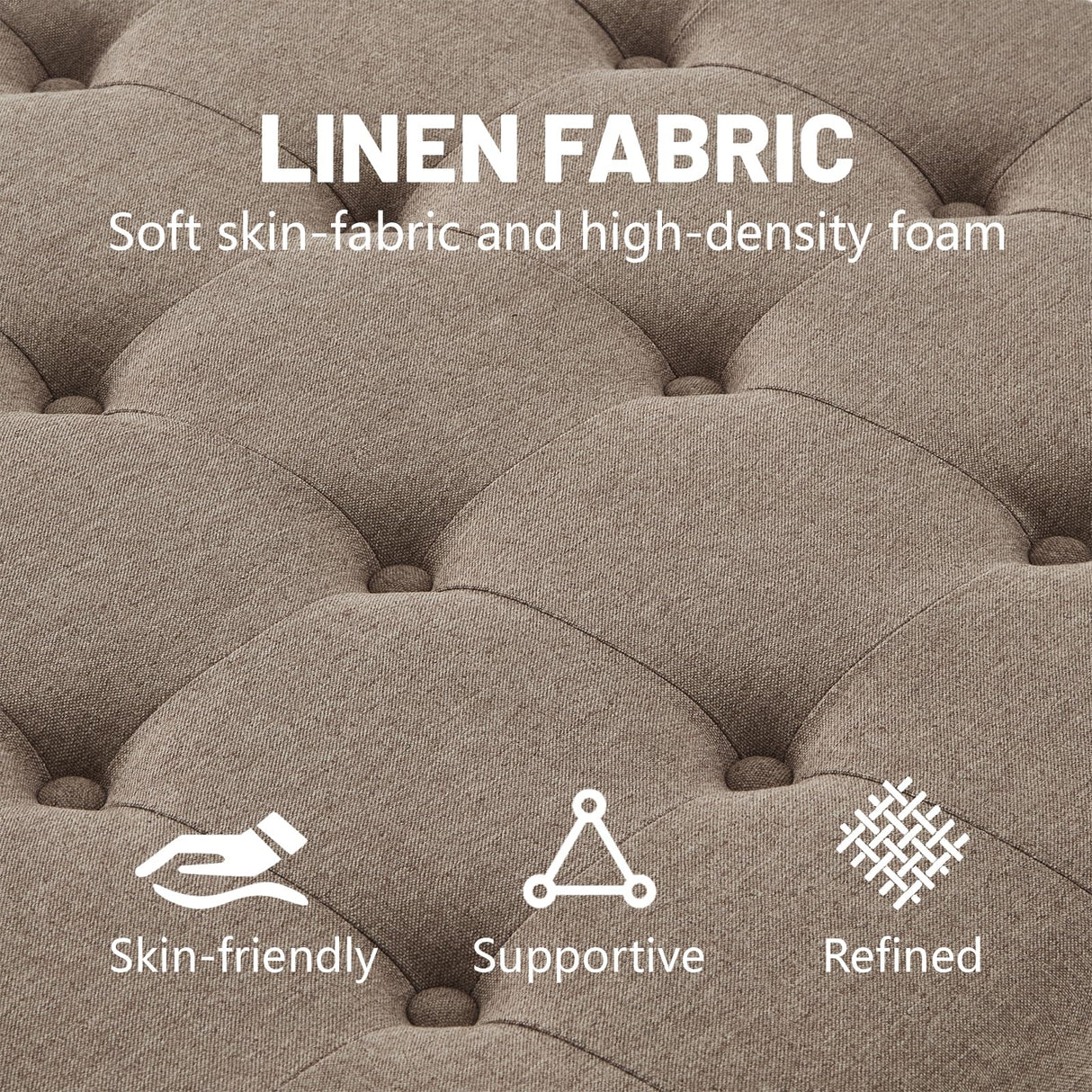 BAOMKONG Upholstered Square Ottoman, 30 Inch Linen Fabric Button Tufted Storage Ottoman with Wooden Legs Coffee Table with Nail Trims 4 in 1 Storage Chest Footrest Padded Seat End Table, Khaki BAOMKONG