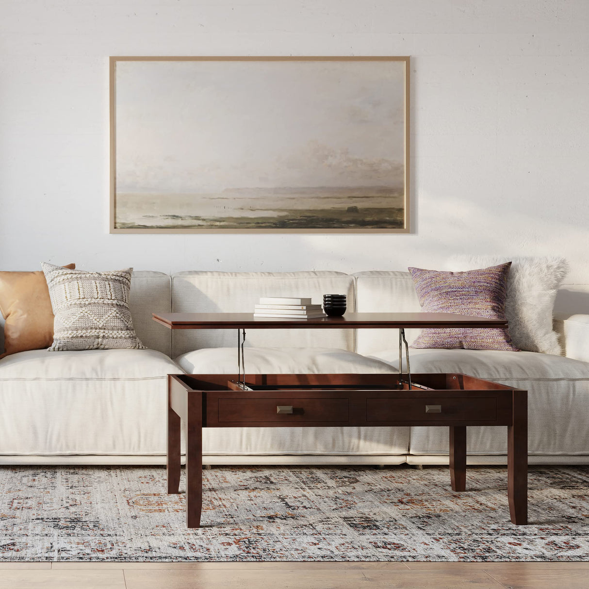 SIMPLIHOME Artisan SOLID WOOD 46 Inch Wide Rectangle Contemporary Lift Top Coffee Table in Russet Brown, For the Living Room and Family Room SIMPLIHOME