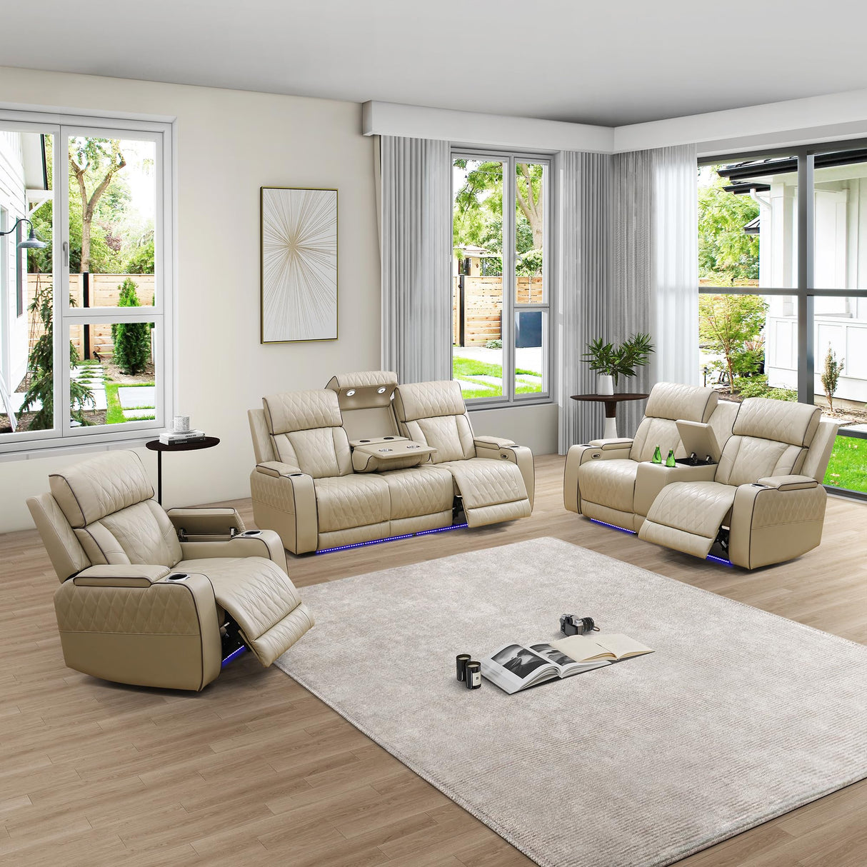 GEBADOL Power Recliner Sofa Set for Living Room,Khaki Leather Reclining Sofas with USB Port,Leather Couch with Power Recliner for Living Room/Apartment/Office GEBADOL