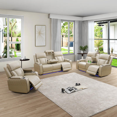 GEBADOL Power Recliner Sofa Set for Living Room,Khaki Leather Reclining Sofas with USB Port,Leather Couch with Power Recliner for Living Room/Apartment/Office