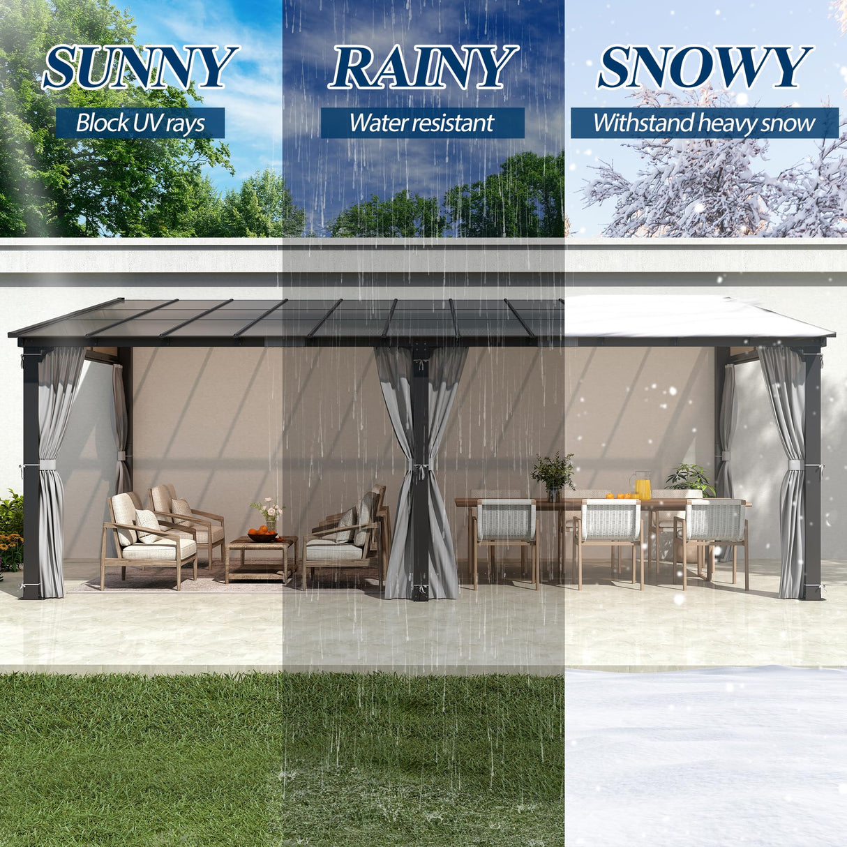 COVERONICS 12' X 20' Outdoor Polycarbonate Lean to Gazebo - Wall-Mounted Aluminum Frame Gazebo with Slope Hardtop, Patio Heavy-Duty Lean to Pergola with Netting & Curtains for Garden, Backyard, Deck COVERONICS